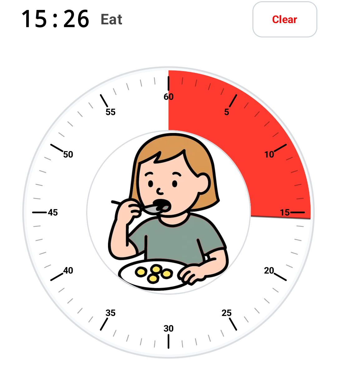 MyEmy visual timer showing a 15 minute countdown with an eating picture in the center to show what comes next