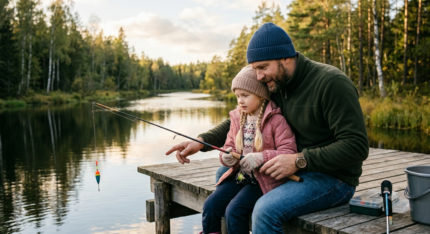 A father and daughter fishing together on a calm lake dock